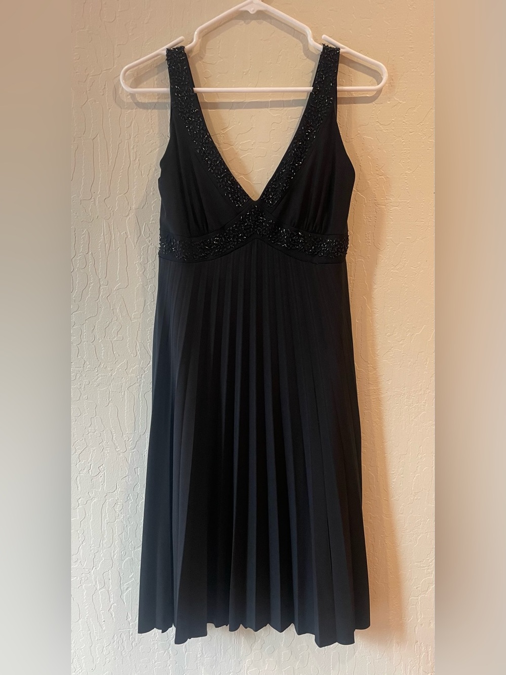 AGB Black Pleated V-Neck Midi Dress with Beaded Trim